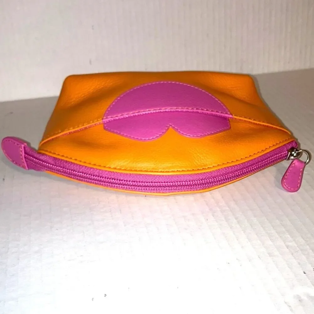 ILI New York Hot Lips Leather Cosmetic Makeup Case Bright Orange with Pink Lips